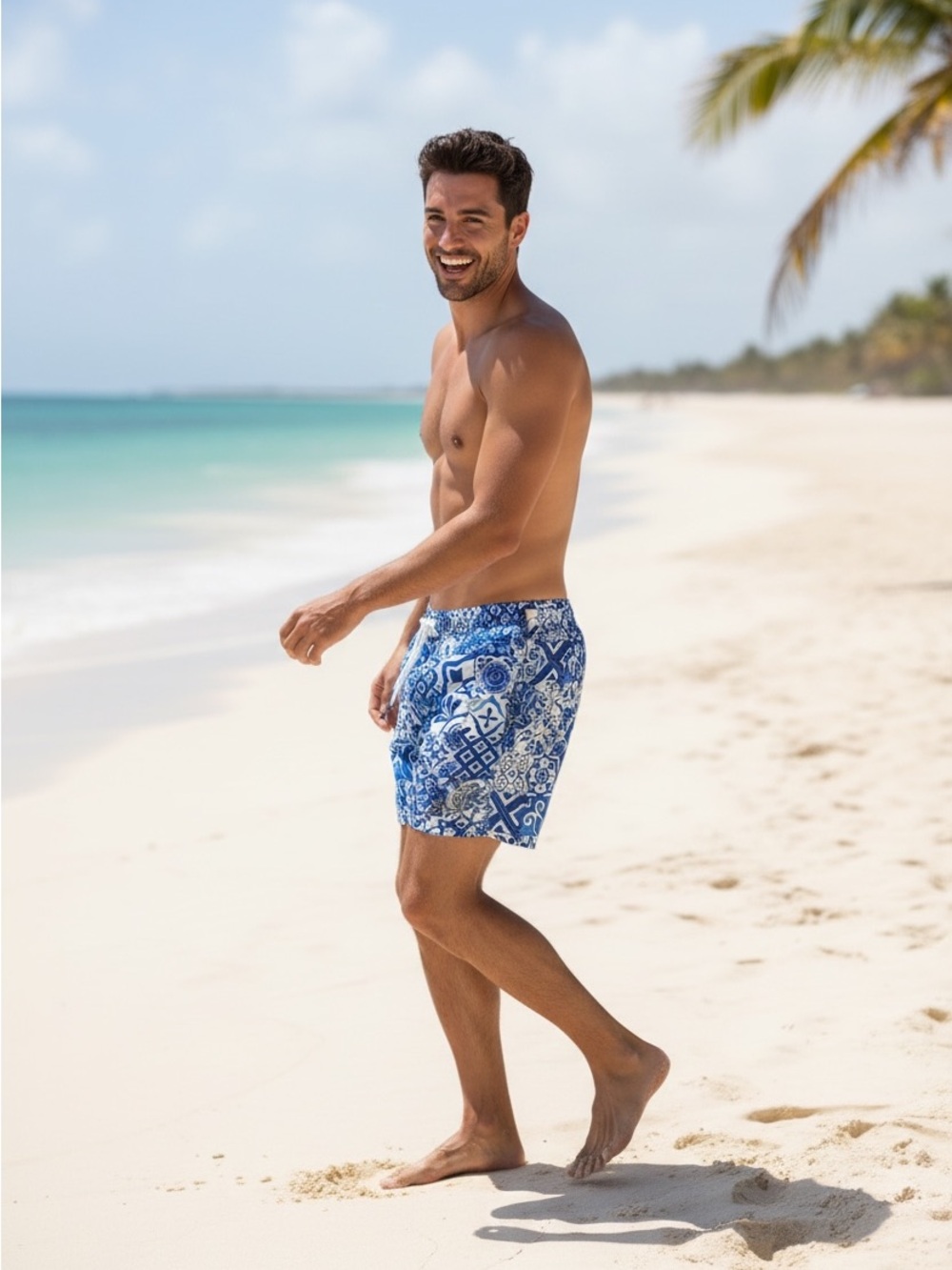 Men's Blue Mosaic Print Swim Trunks